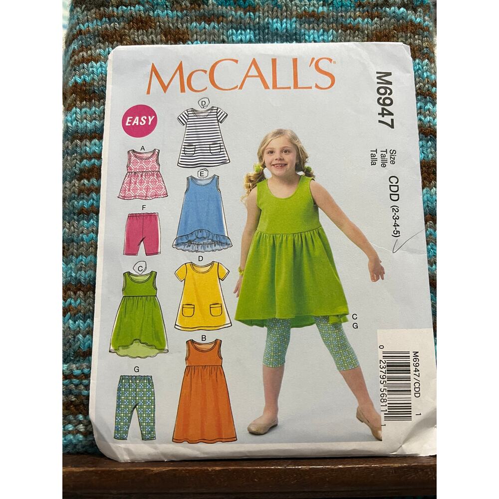 McCalls 6947 Sewing pattern Girls dress top shorts leggings size 2 3 4 5